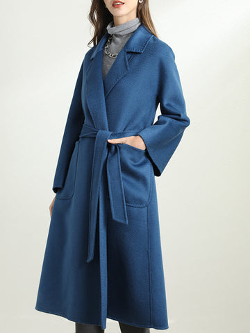 Airchics mi-longue manteau en laine unicolore avec poches ceinture col revers femme casual mode lâche